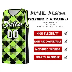 Fluorescent Green Black-White Grid Basketball Kits For Team 2