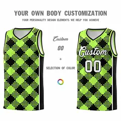 Fluorescent Green Black-White Grid Basketball Kits For Team 3