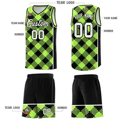 Fluorescent Green Black-White Grid Basketball Kits For Team 5