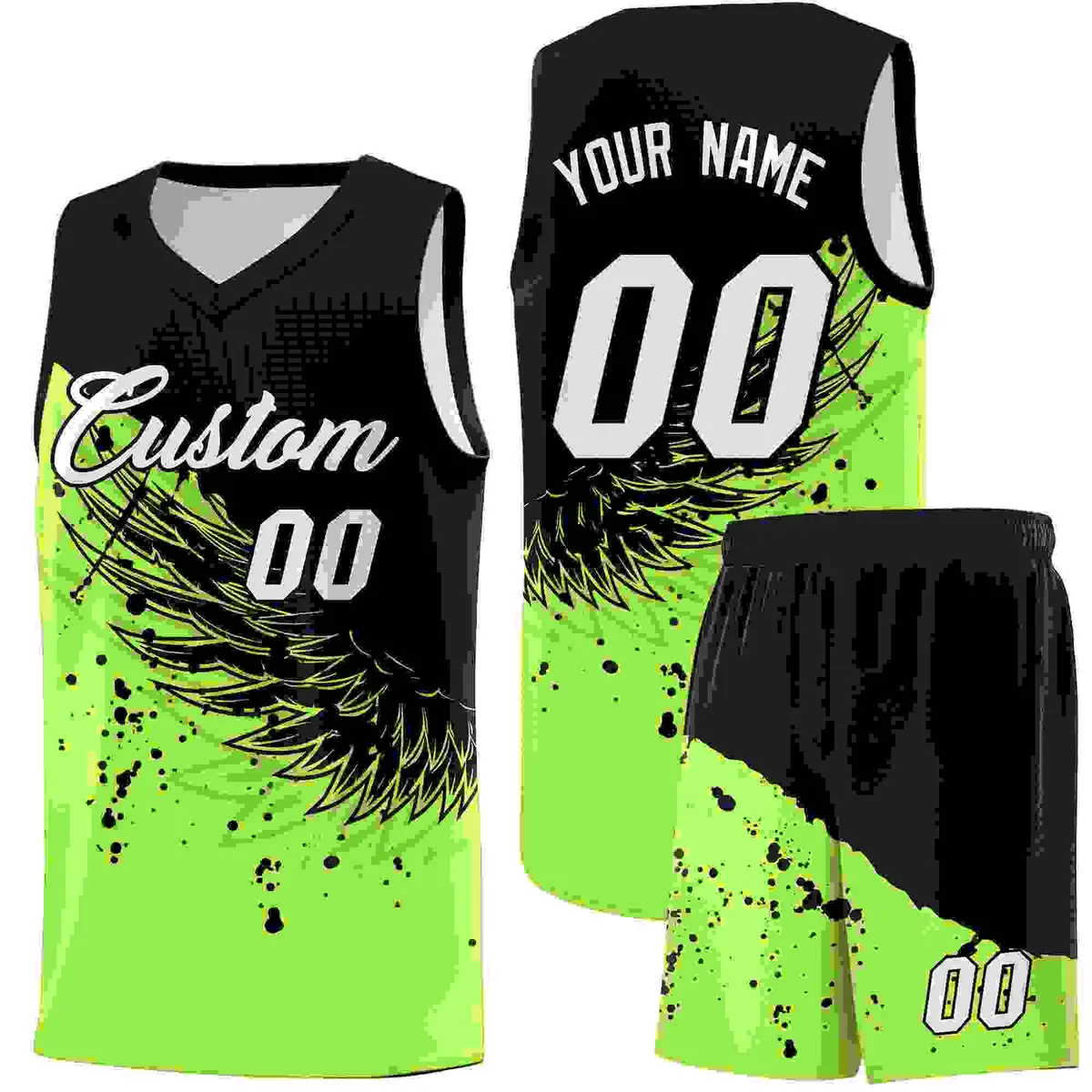 Fluorescent Green Black Wing Pattern Basketball Jersey