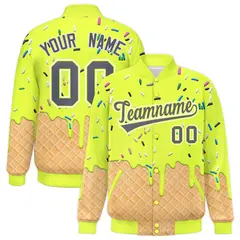 Fluorescent Green Ice Cream Cone Graffiti Full-Snap Varsity Letterman Jacket