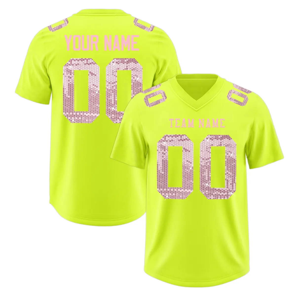 Fluorescent Green Light Pink Sequin Lettering Football Jersey