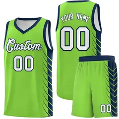 Fluorescent Green Navy Side Symmetrical Line Pattern Basketball Jersey 1