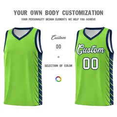 Fluorescent Green Navy Side Symmetrical Line Pattern Basketball Jersey 3
