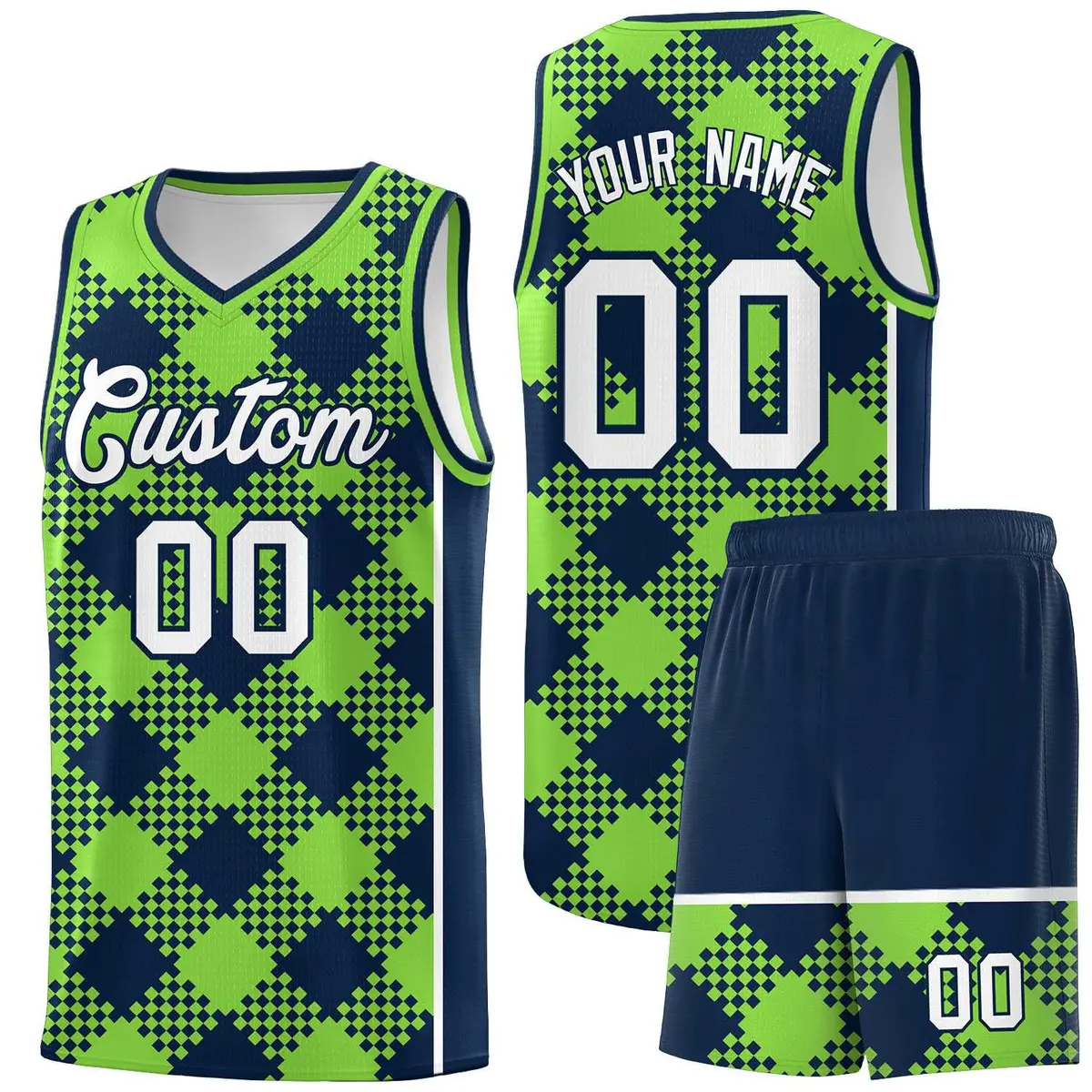 Fluorescent Green Navy-White Grid Basketball Kits For Team