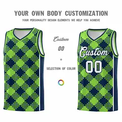 Fluorescent Green Navy-White Grid Basketball Kits For Team 3