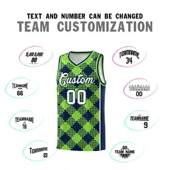 Fluorescent Green Navy-White Grid Basketball Kits For Team 4