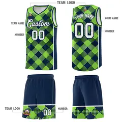 Fluorescent Green Navy-White Grid Basketball Kits For Team 5