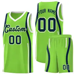 Fluorescent Green Navy-White Ribbon Pattern Basketball Kits 1