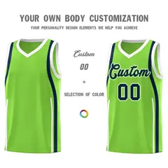 Fluorescent Green Navy-White Ribbon Pattern Basketball Kits 3