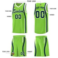 Fluorescent Green Navy-White Ribbon Pattern Basketball Kits 5
