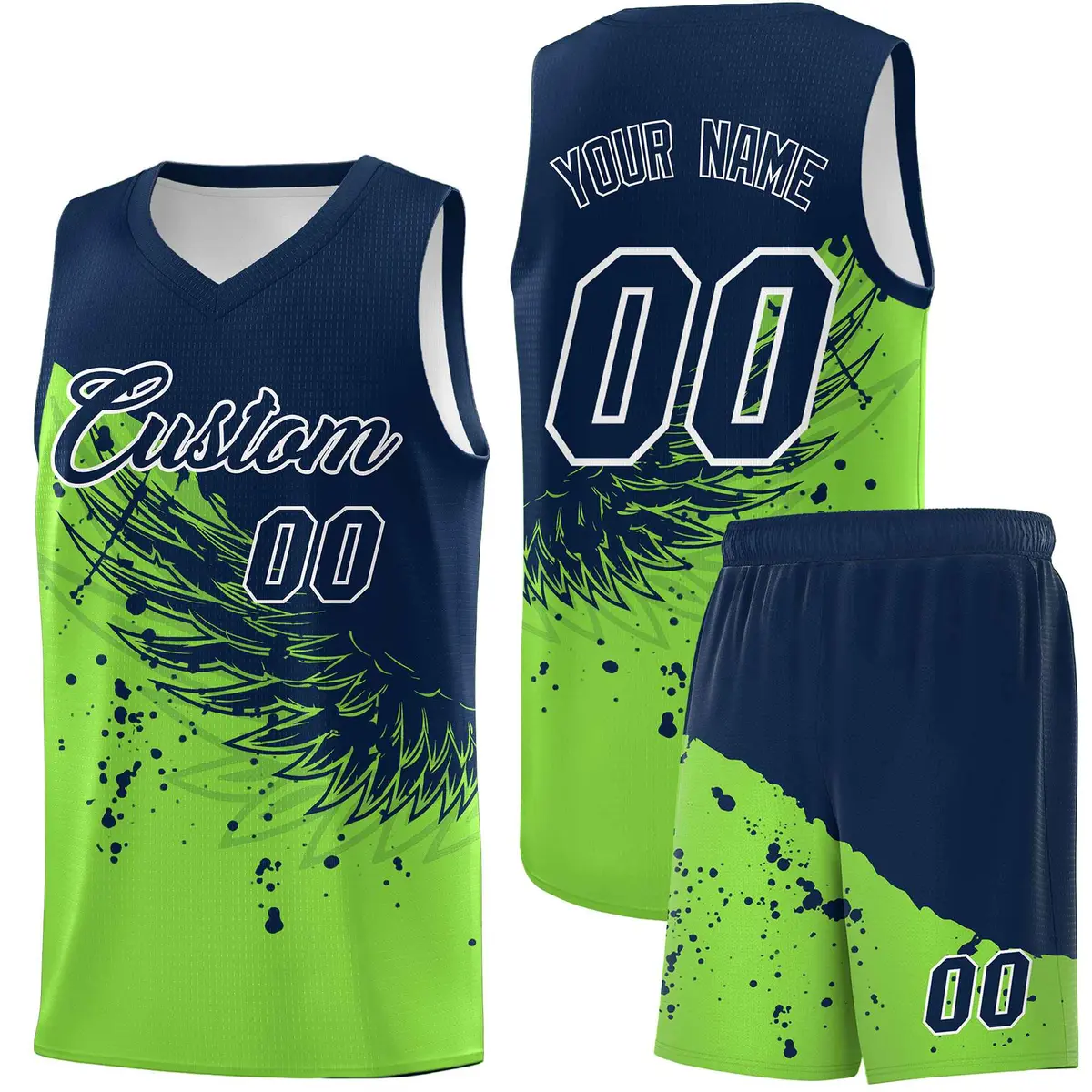 Fluorescent Green Navy Wing Pattern Basketball Jersey