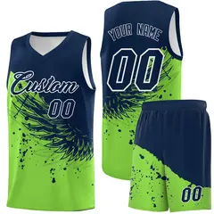 Fluorescent Green Navy Wing Pattern Basketball Jersey 1