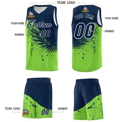 Fluorescent Green Navy Wing Pattern Basketball Jersey 5