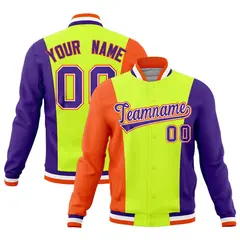 Fluorescent Green Orange Purple Three Color Block Varsity Letterman Jacket 1