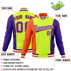 Fluorescent Green Orange Purple Three Color Block Varsity Letterman Jacket 2