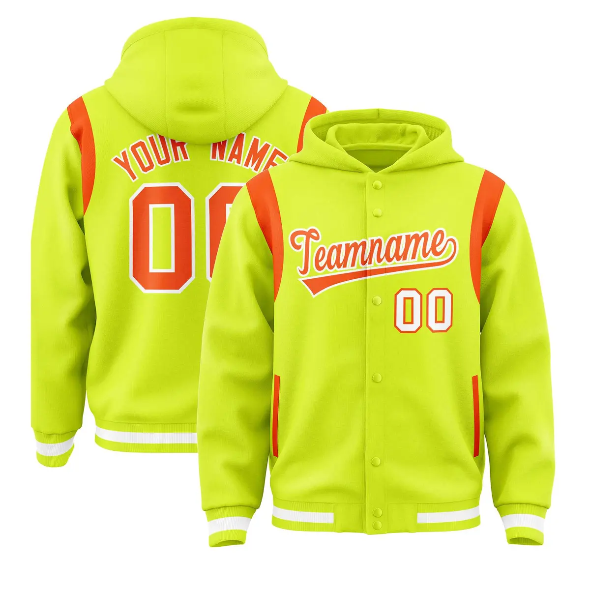 Fluorescent Green Orange Varsity Letterman Shoulder Color Block Jacket Hoodie