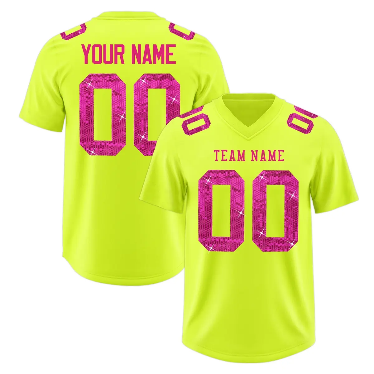 Fluorescent Green Pink Sequin Lettering Football Jersey