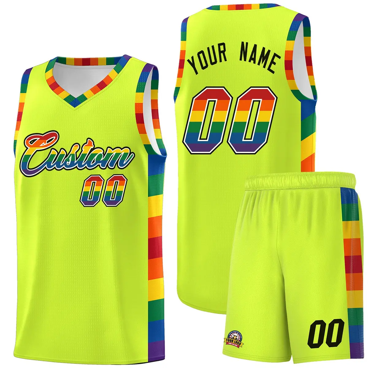 Fluorescent Green Pride Month LGBT Rainbow Basketball Jersey