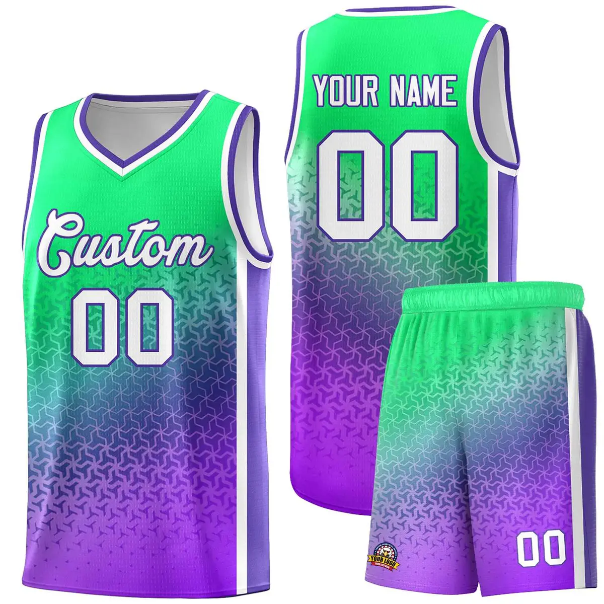 Fluorescent Green Purple Gradient Irregular Shapes Basketball Jersey