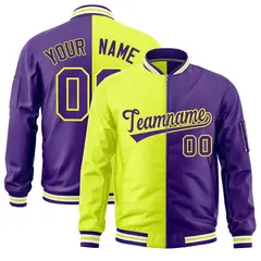 Fluorescent Green Purple Two Tone Full-Zip Varsity Letterman Bomber Jacket 1