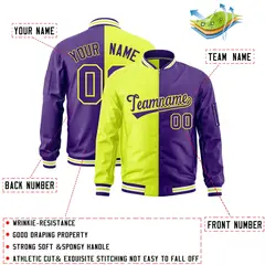 Fluorescent Green Purple Two Tone Full-Zip Varsity Letterman Bomber Jacket 2