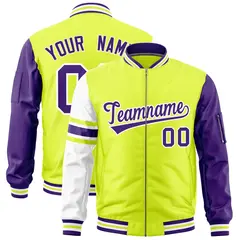 Fluorescent Green Purple-White Stripe Varsity Letterman Bomber Jacket 1