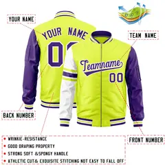 Fluorescent Green Purple-White Stripe Varsity Letterman Bomber Jacket 2