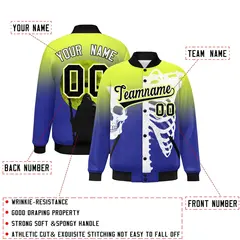 Fluorescent Green Royal Black Halloween Skeleton Graffiti Varsity Jacket Moisture-Wicking 2