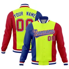 Fluorescent Green Royal Blue Red Three Color Block Varsity Letterman Jacket 1