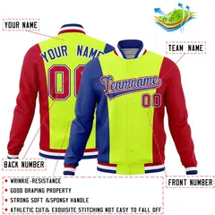 Fluorescent Green Royal Blue Red Three Color Block Varsity Letterman Jacket 2
