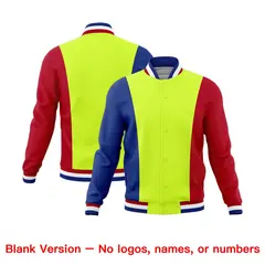 Fluorescent Green Royal Blue Red Three Color Block Varsity Letterman Jacket 7
