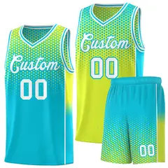 Fluorescent Green Sky Blue Dot Pattern Reversible Side Gradient Basketball Jerseys 1