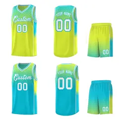 Fluorescent Green Sky Blue Dot Pattern Reversible Side Gradient Basketball Jerseys 2