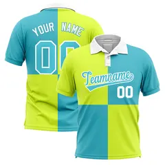 Fluorescent Green Sky Blue Four Squares Performance Polo Shirt