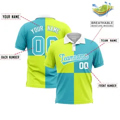 Fluorescent Green Sky Blue Four Squares Performance Polo Shirt 2