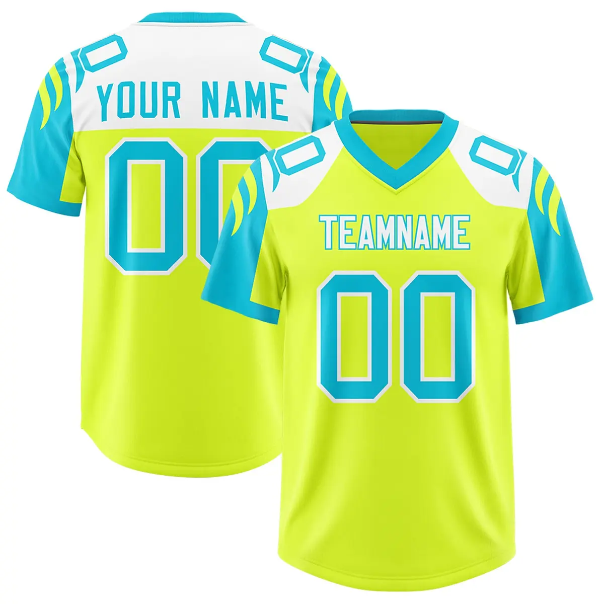 Fluorescent Green Sky Blue Raglan Sleeves Pattern Football Jersey
