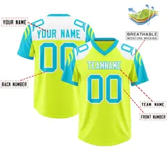 Fluorescent Green Sky Blue Raglan Sleeves Pattern Football Jersey 2