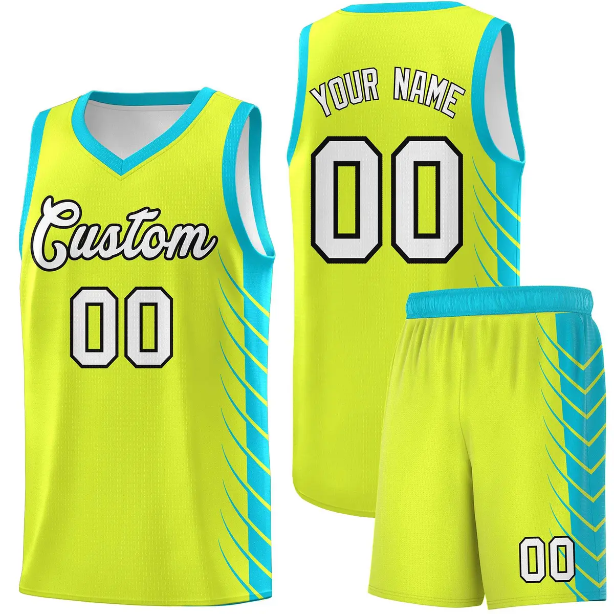 Fluorescent Green Sky Blue Side Symmetrical Line Pattern Basketball Jersey