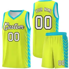 Fluorescent Green Sky Blue Side Symmetrical Line Pattern Basketball Jersey 1