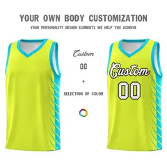 Fluorescent Green Sky Blue Side Symmetrical Line Pattern Basketball Jersey 3