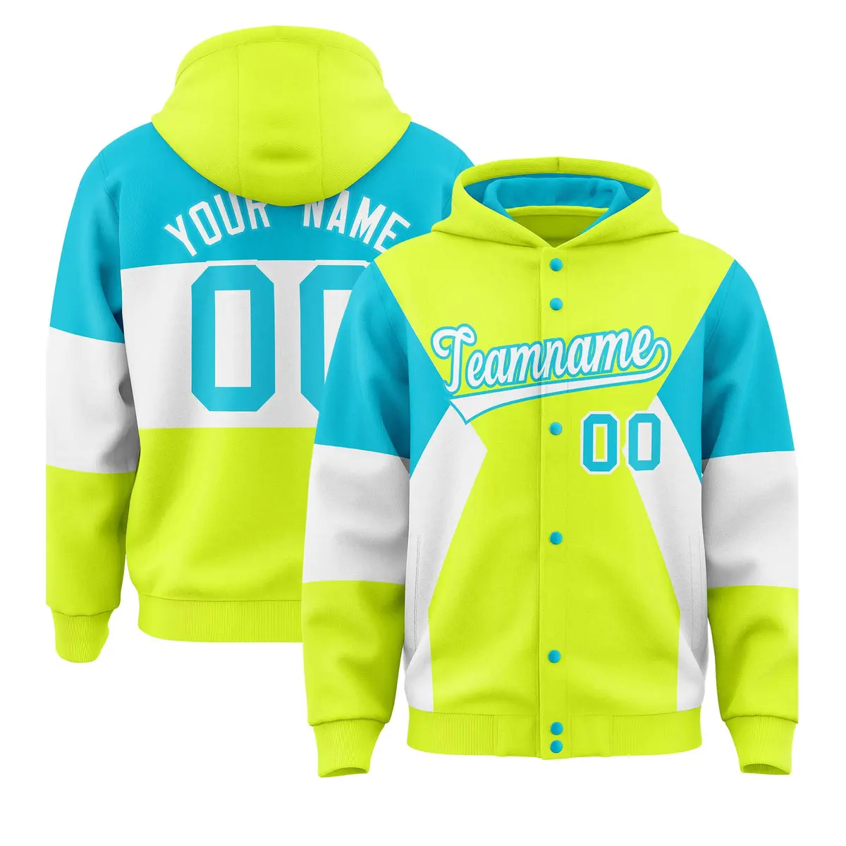 Fluorescent Green Sky Blue White Color Block Varsity Letterman Jacket Hoodie