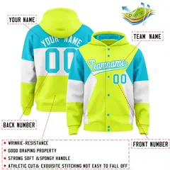 Fluorescent Green Sky Blue White Color Block Varsity Letterman Jacket Hoodie 4