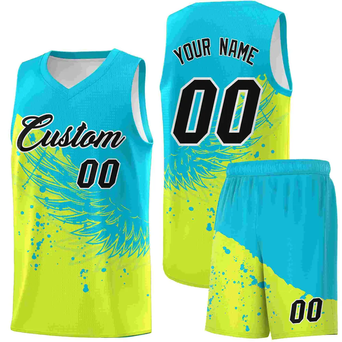 Fluorescent Green Sky Blue Wing Pattern Basketball Jersey