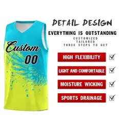 Fluorescent Green Sky Blue Wing Pattern Basketball Jersey 2