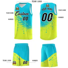 Fluorescent Green Sky Blue Wing Pattern Basketball Jersey 5