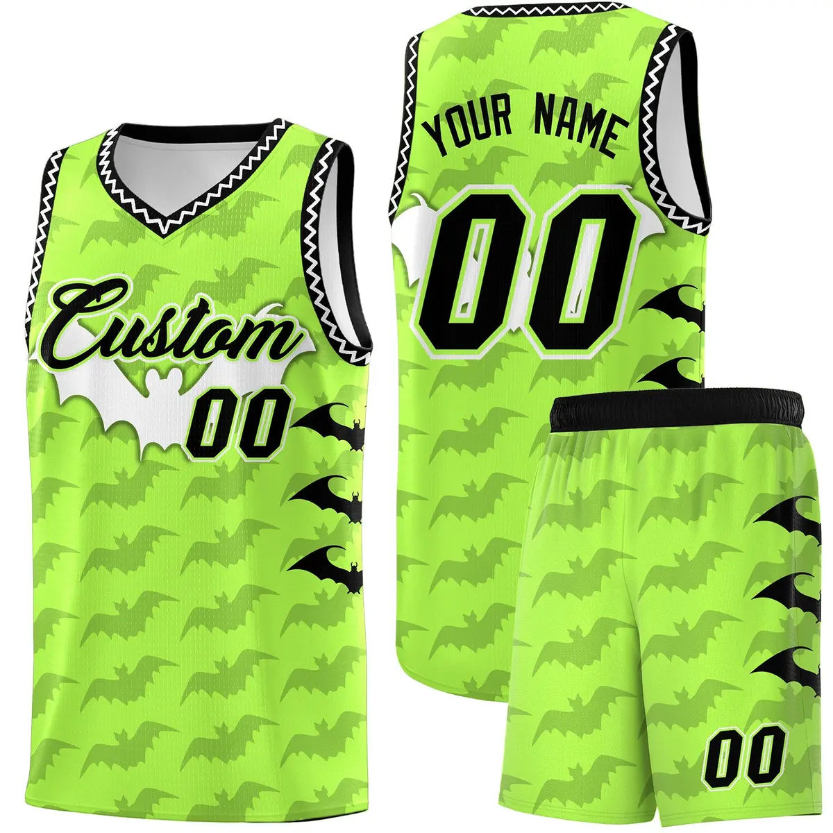 Fluorescent Green White Bat Pattern Halloween Basketball Jersey