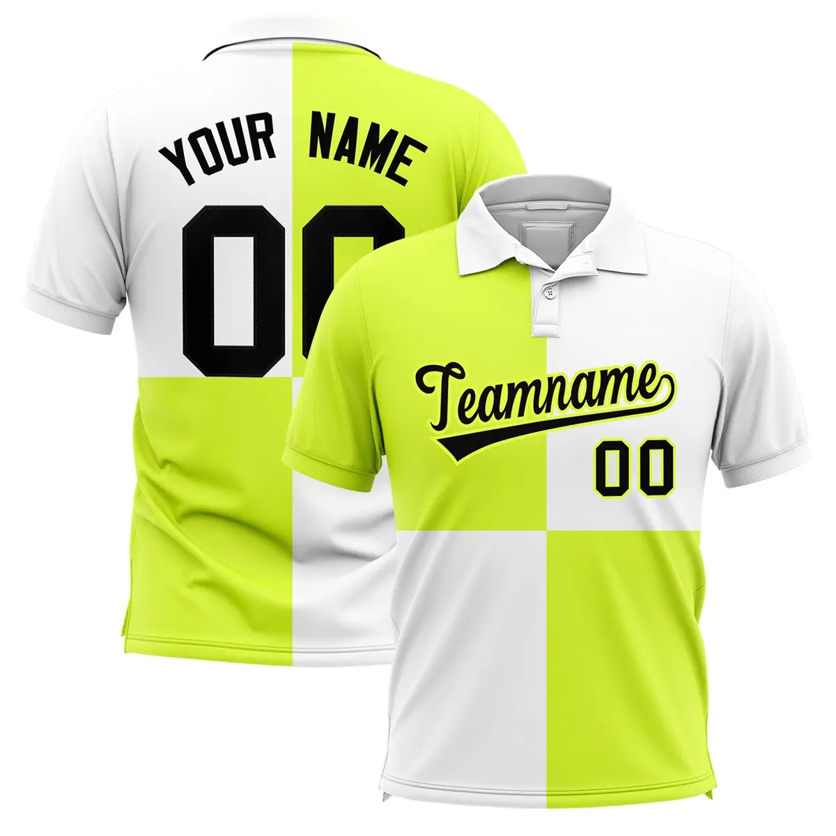 Fluorescent Green White Four Squares Performance Polo Shirt