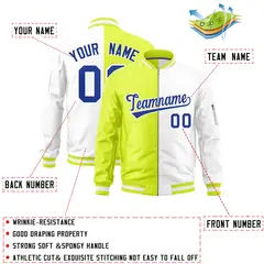 Fluorescent Green White Split Varsity Full-Zip Letterman Bomber Jacket 2