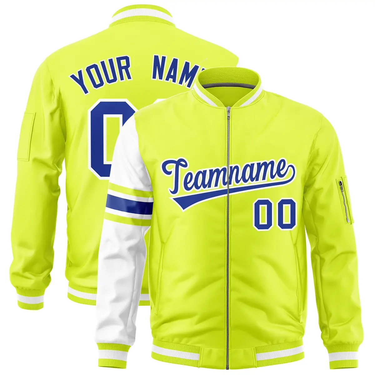 Fluorescent Green White Varsity Full-Zip Raglan Stripe Letterman Bomber Jacket